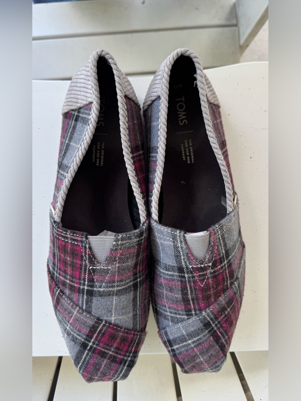 Toms Plaid Flannel Slip-On Flats in Gray and Pink